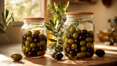 Olives in a glass jar in the kitchenの素材