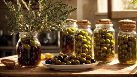 Olives in a glass jar in the kitchenの素材
