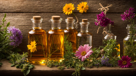 Cosmetic oil in glass bottles, flowersの素材