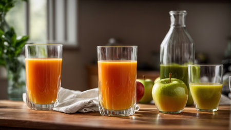 Fresh juice from apple and carrots in the kitchenの素材
