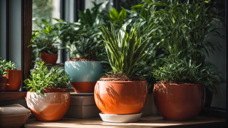 Indoor plants in pots on the windowの素材