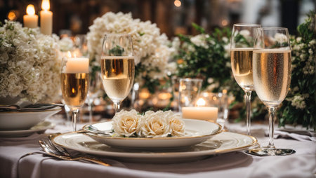 Champagne glasses, plate, flowers, candlesの素材