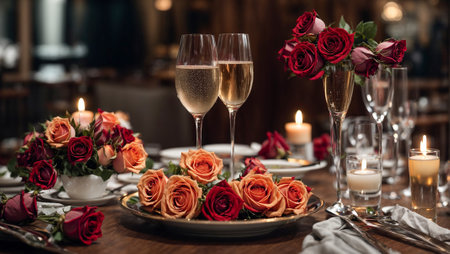 Champagne glasses, plate, flowersの素材