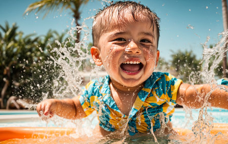 portrait of a little boy swimming in the poolの素材