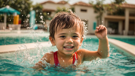 portrait of a little boy swimming in the poolの素材