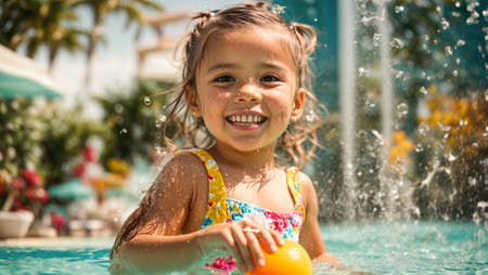 portrait of a little girl swimming in the poolの素材