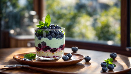 Dessert panna cotta with blueberries and mintの素材
