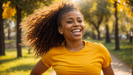 Portrait of a beautiful African American girl jogging in the parkの素材