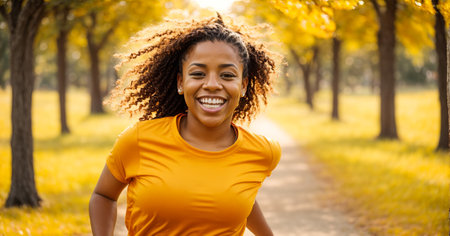 Portrait of a beautiful African American girl jogging in the parkの素材