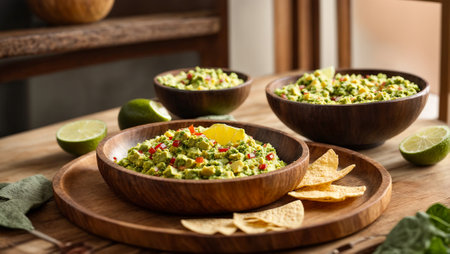 Appetizing Guacamole, fresh avocado in a beautiful plate on the tableの素材