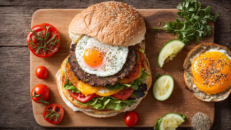 Juicy appetizing burger sesame seeds, a cutlet, fried egg and vegetablesの素材
