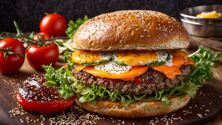 Juicy appetizing burger sesame seeds, a cutlet, fried egg and vegetablesの素材