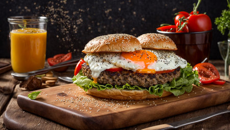 Juicy appetizing burger sesame seeds, a cutlet, fried egg and vegetablesの素材