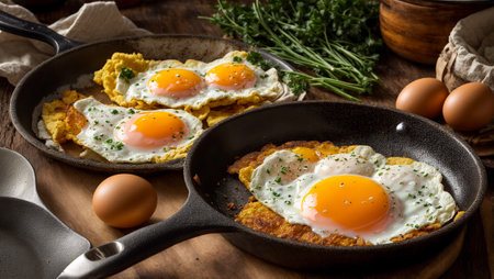 Appetizing fried eggs in a frying pan in the kitchenの素材