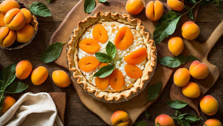 Appetizing pie with apricots in the kitchenの素材