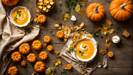 Appetizing pumpkin cream soup in the kitchenの素材