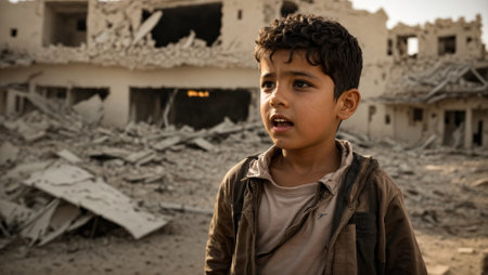 Portrait of a confused boy against the background of destroyed houses in Palestineの素材