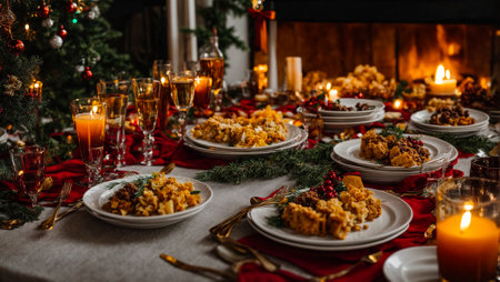 Holiday table with different Christmas snacksの素材