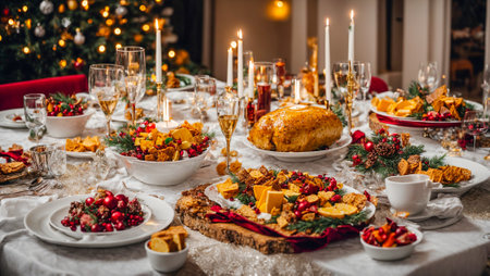Holiday table with different Christmas snacksの素材