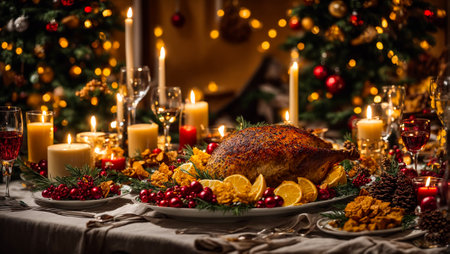 Holiday table with different Christmas snacksの素材