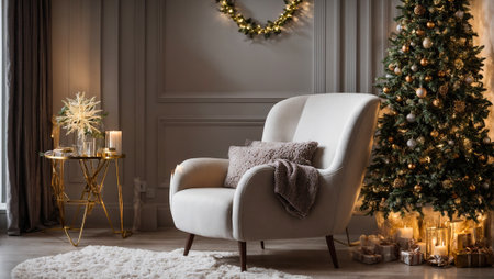 Modern armchair in the room, Christmas treeの素材