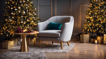 Modern armchair in the room, Christmas treeの素材