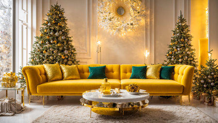 Modern sofa in the room, Christmas treeの素材