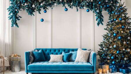 Modern sofa in the room, Christmas treeの素材