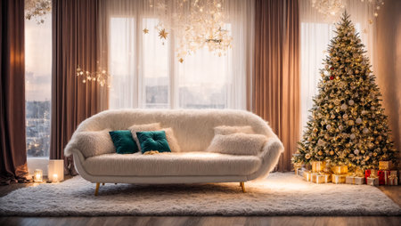 Modern sofa in the room, Christmas treeの素材