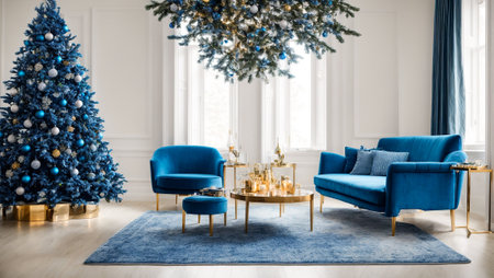 Modern sofa in the room, Christmas treeの素材