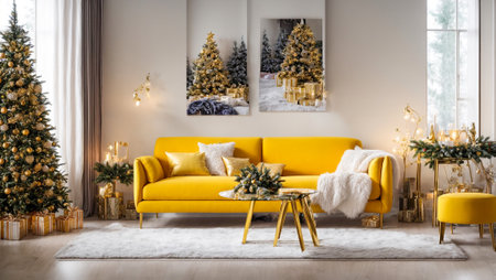 Modern sofa in the room, Christmas treeの素材