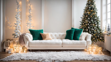 Modern sofa in the room, Christmas treeの素材