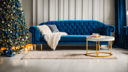 Modern sofa in the room, Christmas treeの素材