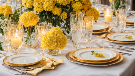 Empty plates, glasses, candles on the table with flowersの素材