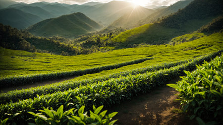 Green tea plantation, mountainsの素材