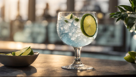 Glass with gin tonic, lime, iceの素材
