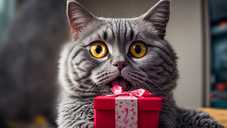 Portrait of an amazed cute cat, gift boxの素材