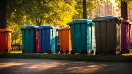 modern trash bins in a city parkの素材