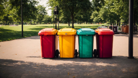 modern trash bins in a city parkの素材