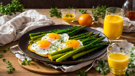 delicious appetizing fried eggs, asparagus on the tableの素材