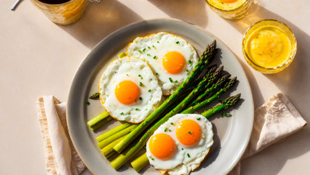 delicious appetizing fried eggs, asparagus on the tableの素材
