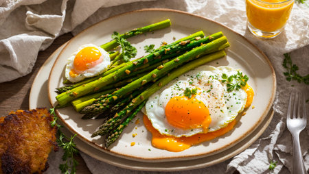 delicious appetizing fried eggs, asparagus on the tableの素材