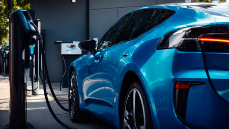 Beautiful modern electric car, charging stationの素材