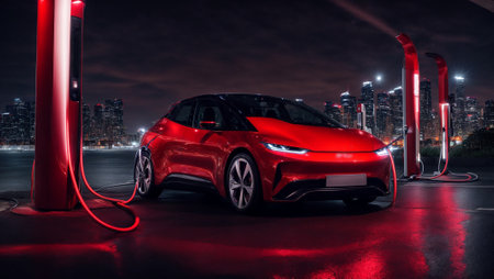 Beautiful modern electric car, charging station, nightの素材