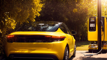 Beautiful modern electric car, charging station, treesの素材