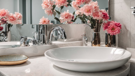 Beautiful faucet in the bathroom, mirror, flowersの素材