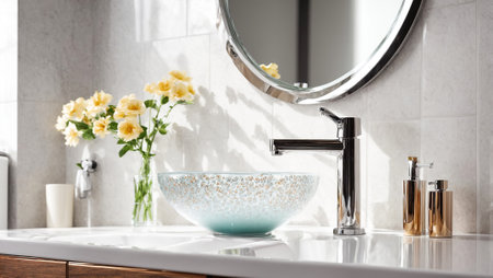 Beautiful faucet in the bathroom, mirror, flowersの素材