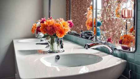 Beautiful faucet in the bathroom, mirror, flowersの素材