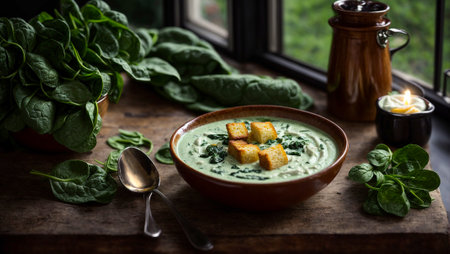 Cream of spinach soup on old backgroundの素材