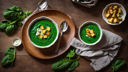 Cream of spinach soup on old backgroundの素材